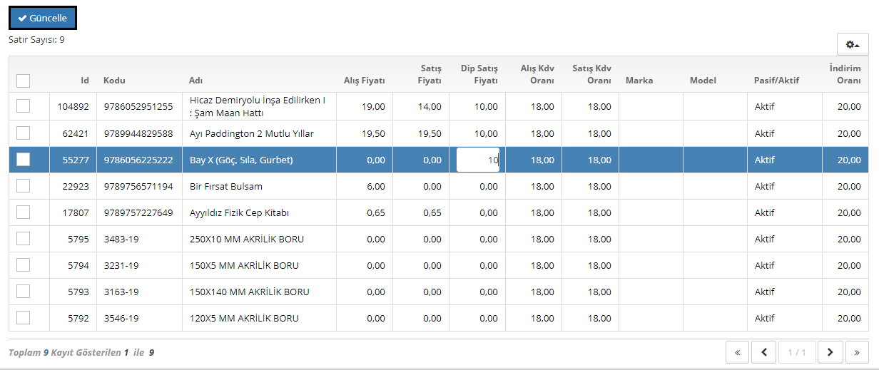 fiyat bilgi değişikliği 10